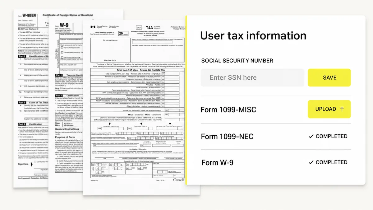 Dots payout platform interface showing global payout rails including Venmo, ACH, Cash App, and USDC